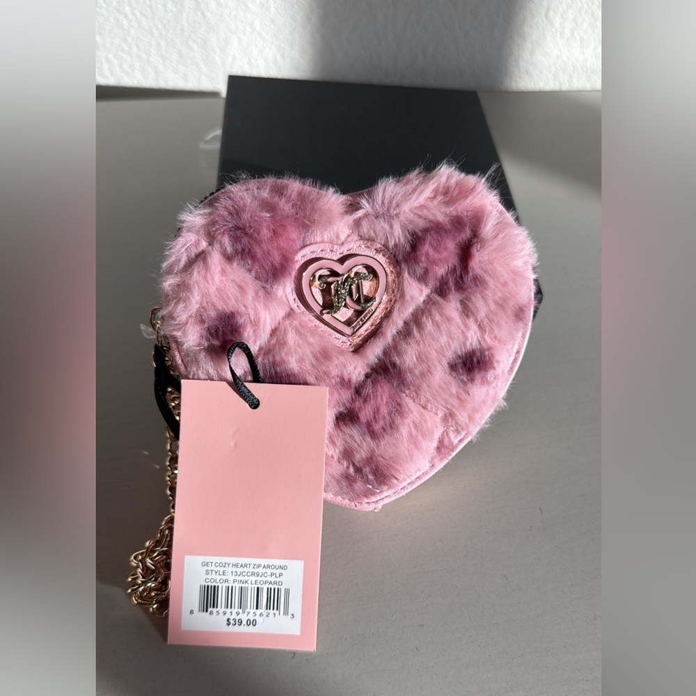 New Juicy Couture Get Cozy Heart Wristlet Wallet Fluffy Faux Fur Pink Leopard
